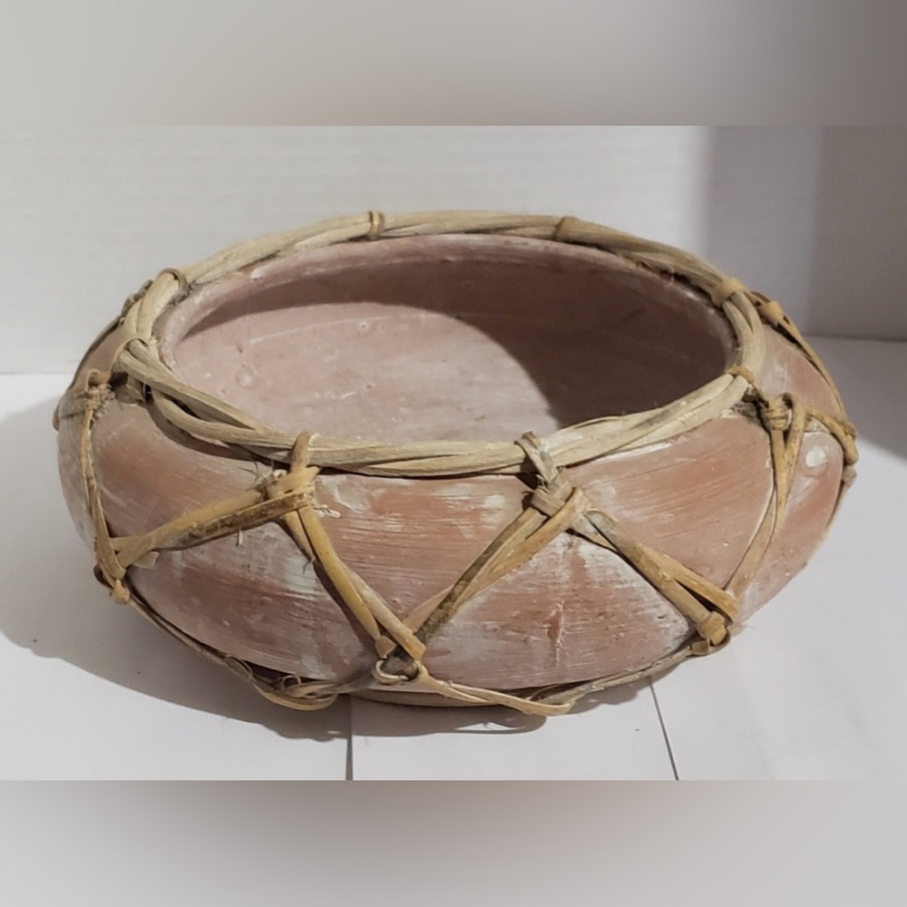 Vintage Terracotta Clay & Woven Split Reed Planter Bowl